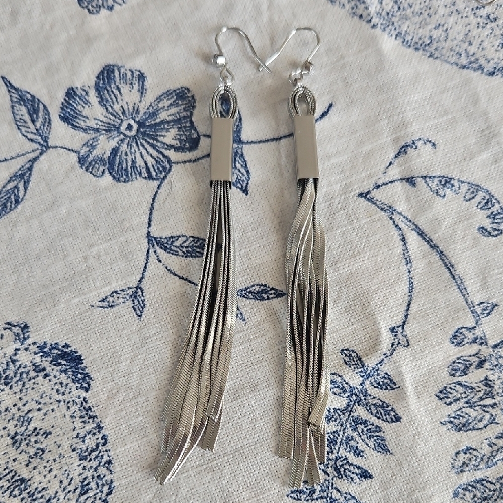 Guess Silver Herringbone Tassel Earrings